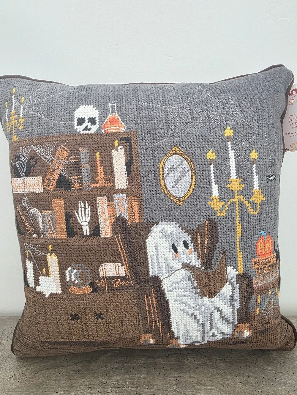 The Farmhouse Halloween Ghost Reading Book Beaded Decorative Pillow New